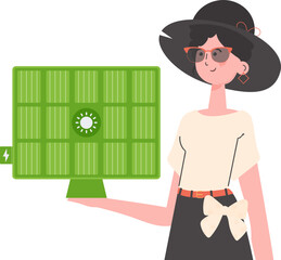 The girl holds a solar panel in her hand. Green energy concept. Isolated. trendy style. Vector illustration.