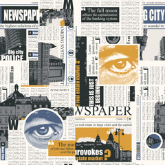 Seamless pattern with a collage of magazine and newspaper clippings. Abstract vector background with illegible text, illustrations, headlines and human eyes. Wallpaper, wrapping paper, fabric design