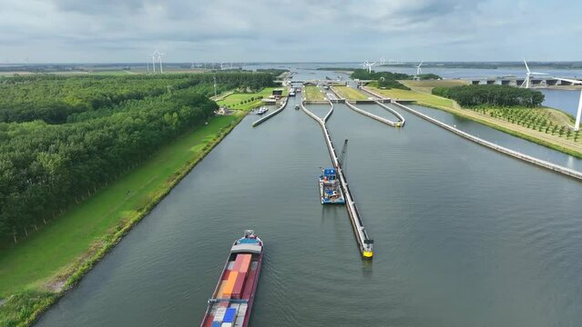 Container Ship Arriving at Volkerak Lock in the Netherlands
