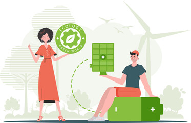 A girl and a guy and a solar panel. Eco energy concept. Vector illustration.