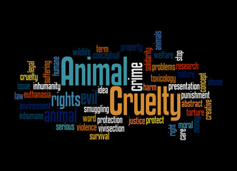 Word Cloud with ANIMAL CRUELTY concept, isolated on a black background