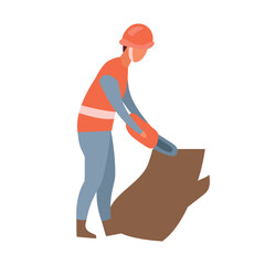 Worker cutting tree with chainsaw semi flat color vector character. Posing figure. Full body person on white. Industry simple cartoon style illustration for web graphic design and animation