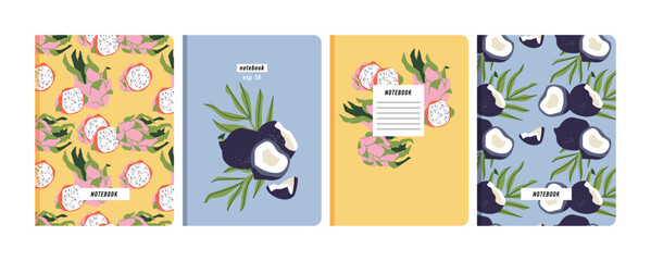 Vector illustartion templates cover pages for notebooks, planners, brochures, books, catalogs. Fruits wallpapers with with dragon fruit and coconut.