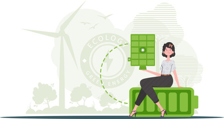 Green energy concept. A woman sits on a battery and holds a solar panel in her hands. Vector illustration.