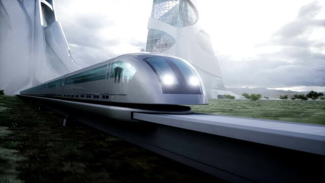 Futuristic train very fast driving. Futuristic city concept. Realistic 4k animation.
