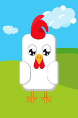 White geometric stylized rooster in cartoon colorful valley