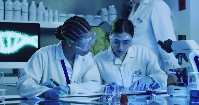 Scientist, chemists or medical engineers using a microscope to test samples and analyze data while writing down their results. Two colleagues researching a virus and its cure in a uv lit lab