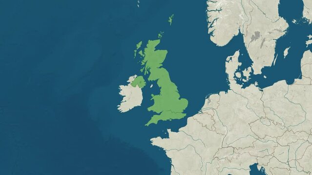Zoom in to the map of United Kingdom with text, textless, and with flag