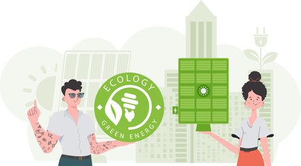Woman and Man and solar panel. The concept of solar energy. Vector.