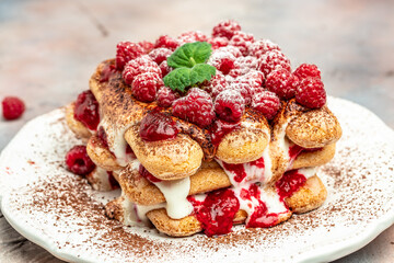 Berries Tiramisu Dessert cakes with raspberry and mint. Homemade dessert
