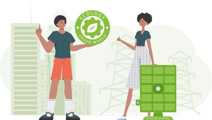 A girl and a guy and a solar panel. The concept of solar energy. Vector illustration.