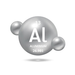 Aluminium molecule models silver and chemical formulas scientific element. Ecology and biochemistry concept. Isolated spheres on white background. 3D Vector Illustration.