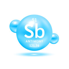 Antimony molecule models blue and chemical formulas scientific element. Ecology and biochemistry concept. Isolated spheres on white background. 3D Vector Illustration.