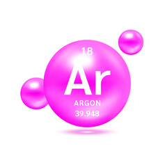 Argon molecule models pink and chemical formulas scientific element. Ecology and biochemistry concept. Isolated spheres on white background. 3D Vector Illustration.