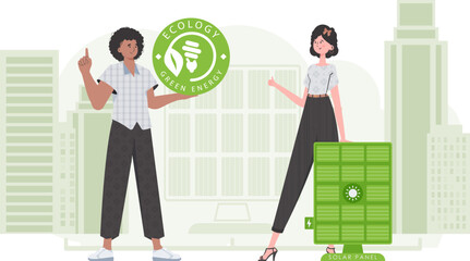 Man and woman and solar panel. Eco energy concept. Vector.