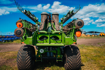 Row seed drill grain. Seed sowing device. Agricultural activity. Modern modified agricultural...
