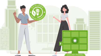 Man and woman and solar panel. Eco energy concept. Vector illustration.
