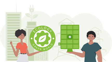 Boy and girl and solar panel. Green energy concept. Vector.