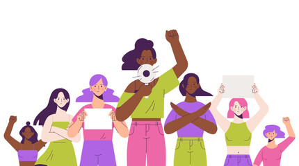 Protest for women's rights concept. Group of girls in line raising voice with megaphone and banner