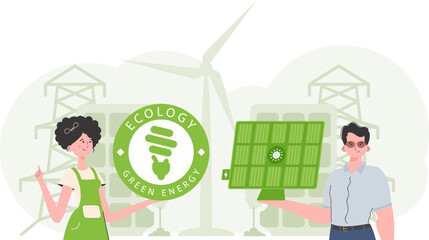Woman and Man and solar panel. Green energy concept. Vector illustration.