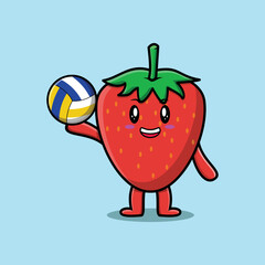 Cute cartoon strawberry character playing volleyball in flat cartoon style illustration