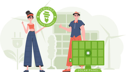 Man and woman and solar panel. Green energy concept. Vector.