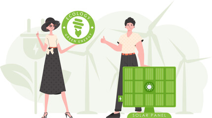Man and woman and solar panel. Green energy concept. Vector illustration.