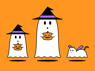 かわいい3人（？）のオバケとハロウィン　オレンジバック