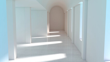 Interior hallway. Hallway of modern classic interior with bright light from windows make shade and shadow on wall and floor. 3D illustration.