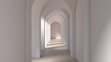 Interior hallway. Hallway of modern classic interior with bright light from windows make shade and shadow on wall and floor. 3D illustration.