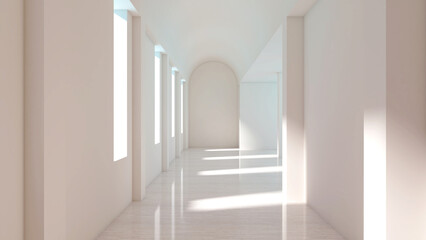 Interior hallway. Hallway of modern classic interior with bright light from windows make shade and shadow on wall and floor. 3D illustration. - 519547497