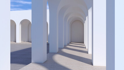Exterior hallway. Hallway of modern classic architecture with bright light from sky make shade and shadow on wall floor and column. 3D illustration.