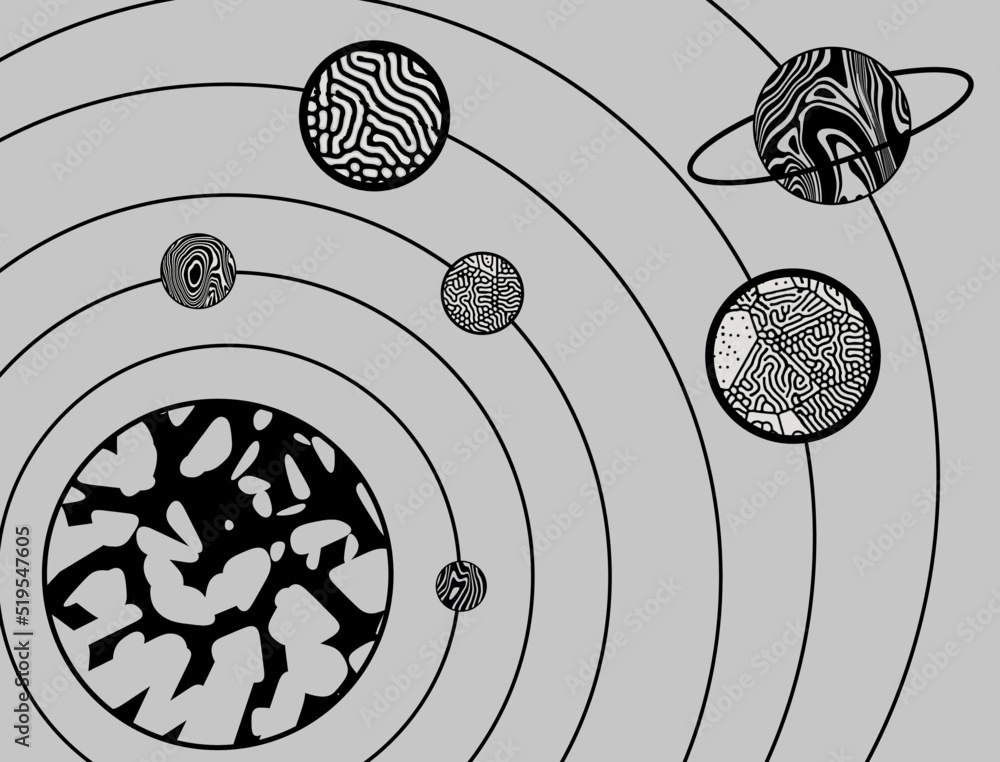 Poster abstract minimal illustration of the the solar system in art nouveau style.
