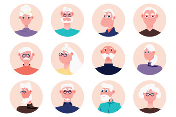 Grandparents in family people avatars isolated set. Diverse elderly men and women with different look. Grandmothers and grandfathers mascots. Vector illustration with characters in flat cartoon design
