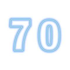 Neon blue number 70 isolated on white. Serial number, price, place