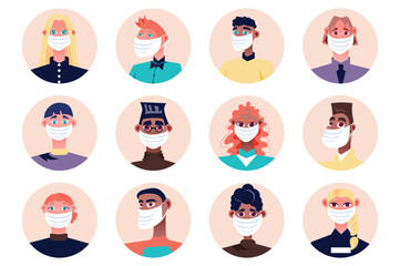 People in medical masks avatars isolated set. Diverse men and women wearing protective masks with different look. Female and male mascots. Vector illustration with characters in flat cartoon design