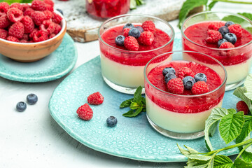 Raspberry Panna cotta with raspberry jelly on a light background. Berry dessert with cream sauce in small jars. place for text