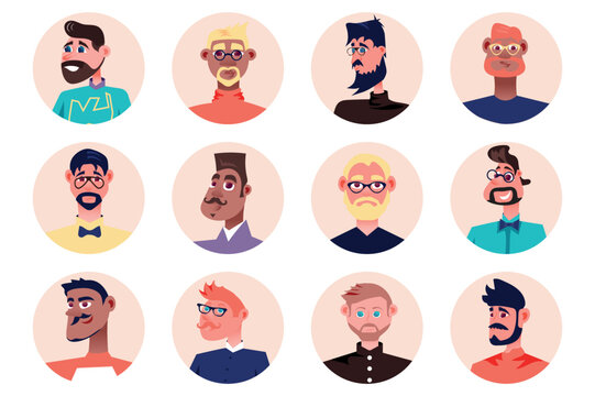 Hipster people avatars isolated set. Diverse fashionable men with different stylish look. Portraits of male mascots with facial expressions. Vector illustration with characters in flat cartoon design