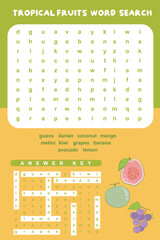 Tropical Fruits Word Search worksheet. Educational worksheet for preschool. Vector illustration file.