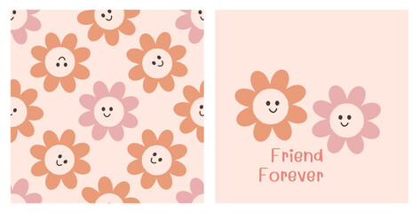 Seamless pattern with retro daisy flower on orange  background vector.