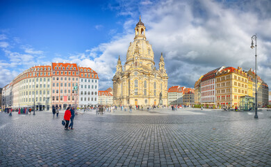 Breathtaking view of  of Baroque church - Frauenkirche at Neumarkt square in downtown of Dresden. - obrazy, fototapety, plakaty