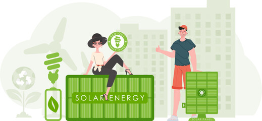 Girl and guy and solar panels. Eco energy concept. Vector illustration.