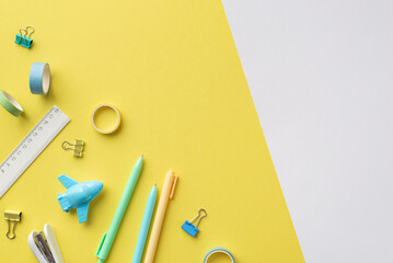 School supplies concept. Top view photo of colorful stationery plane shaped sharpener pens ruler...