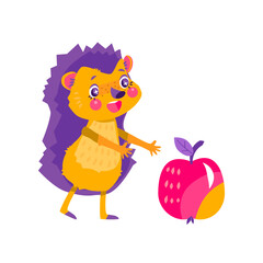 A cute hedgehog reaching for an apple. Character design. Can be used for branding, graphic design, product for children. Isolated vector  illustration on white background.