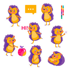 Set of cute hedgehog pointing on something.Character design. Can be used for branding, graphic design, product for children, stickers for social network. Isolated vector  illustration on white backgro