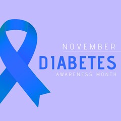 Image of november diabetes awareness month and blue ribbon on violet background - obrazy, fototapety, plakaty