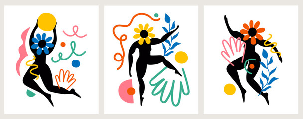 Vector illustration set with dancing women silhouettes with flowers, abstract doodle elements. Trendy apparel print design, home decoration poster - 519548841