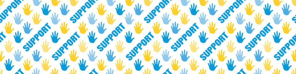 Obraz premium support to Ukraine. help to Ukraine. humanitarian aid to Ukraine. Ukrainian volunteer. seamless pattern hands of Ukrainian citizens. Ukrainian refugees. horizontal web banner for social networks. 