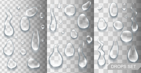 Realistic shining water drops and drips on transparent background vector illustration
