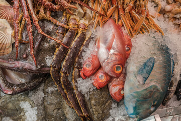 fish and shell fish on stall at street market, Copenhagen